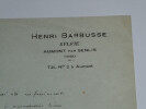 Henri BARBUSSE , &eacute;crivain - LETTRE AUTOGRAPHE, AUMONT-PAR-SENLIS. Henri BARBUSSE