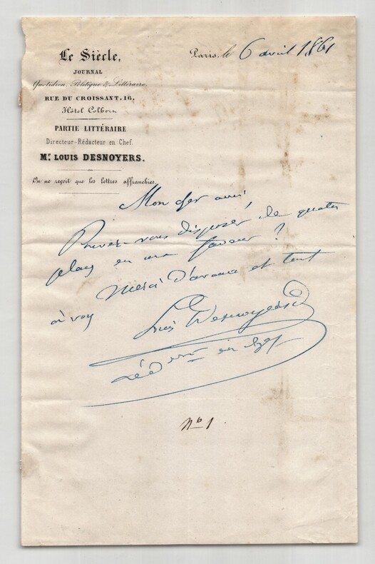 Louis Desnoyers - Lettre autographe sign&eacute;e - 1861. Louis Desnoyers