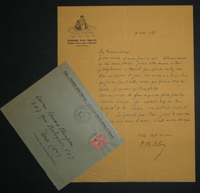Pierre Mac Orlan - Lettre autographe sign&eacute;e adress&eacute;e &agrave; Edouard Champion - 1927. Pierre MAC ORLAN