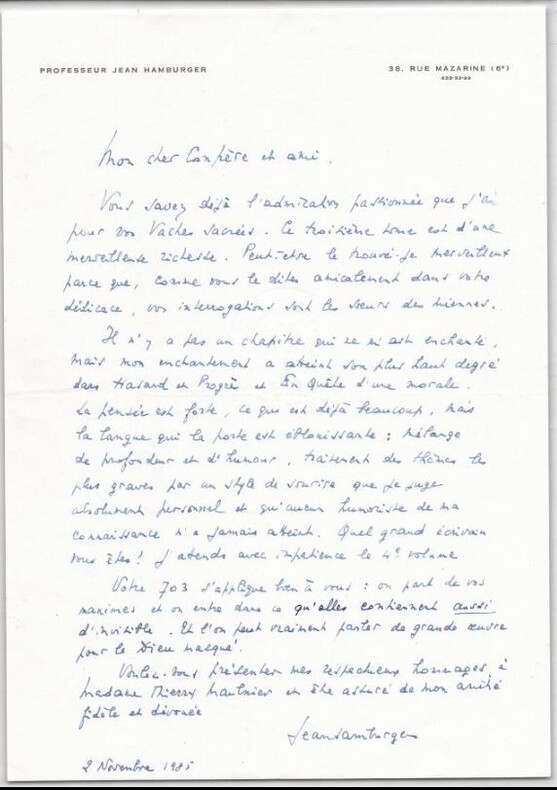 Jean Hamburger Lettre autographe sign&eacute;e &agrave; Maulnier 1985 Hommage &agrave; Vaches sacr&eacute;es. Jean HAMBURGER