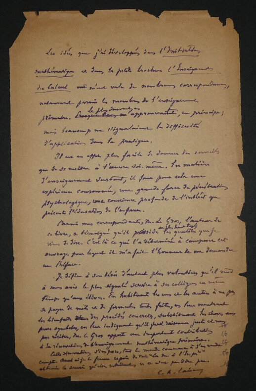 Charles-Ange LAISANT - LETTRE AUTOGRAPHE SIGNEE "Initation Math&eacute;matique". Charles-Ange LAISANT
