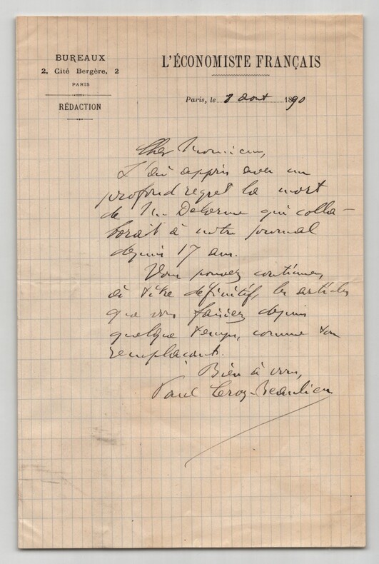 Paul Leroy Beaulieu - Lettre autographe sign&eacute;e "Mort de Mr Delorme" - 1890. Paul LEROY BEAULIEU