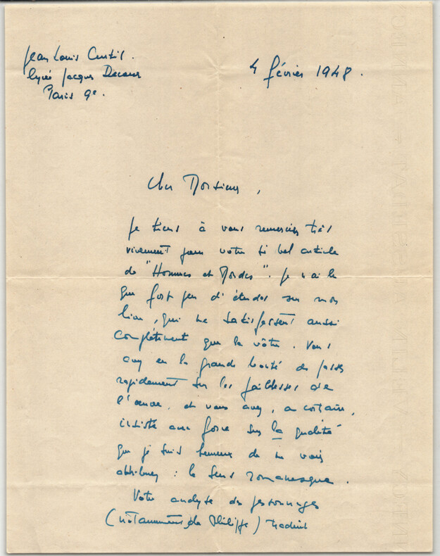 Jean-Louis Curtis - Lettre autographe sign&eacute;e sur article "Hommes et Mondes" 1948. Jean-Louis Curtis