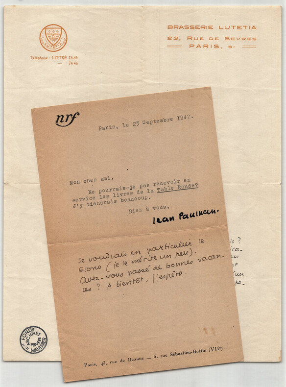 Jean Paulhan -Deux lettres autographe sign&eacute;e et dactylographi&eacute;e &agrave; Th. Maulnier. Jean PAULHAN