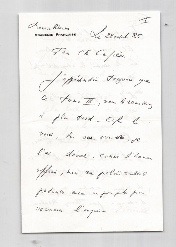 Maurice Rheims - Lettre autographe sign&eacute;e &agrave; Thierry Maulnier – 1985. Maurice RHEIMS