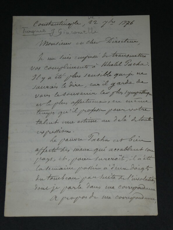 Georges Giacometti, Lettre autographe sign&eacute;e Constantinople, 1876  Ch&eacute;rif Pacha. Georges GIACOMETTI