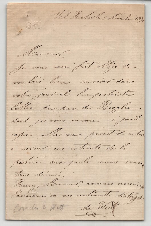 Corn&eacute;lis Henri de Witt - Lettre autographe sign&eacute;e - 1870. Corn&eacute;lis Henri de WITT