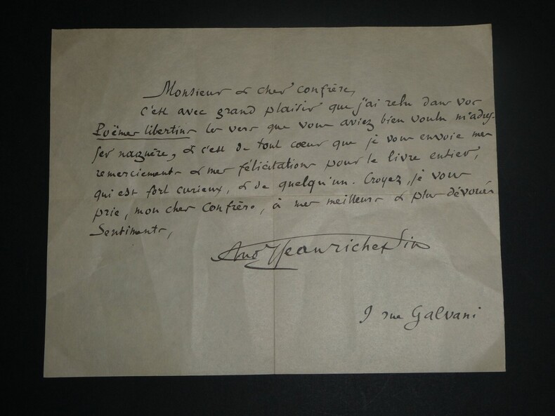 Jean Richepin - Lettre autographe sign&eacute;e. Jean RICHEPIN