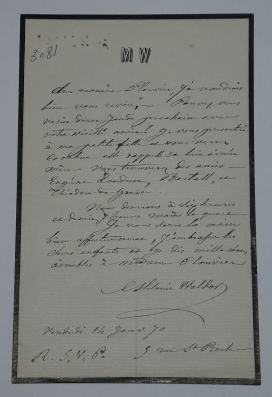 M&eacute;lanie Waldor - Lettre autographe sign&eacute;e &agrave; Monsieur Plouvier - 1870. M&eacute;lanie WALDOR