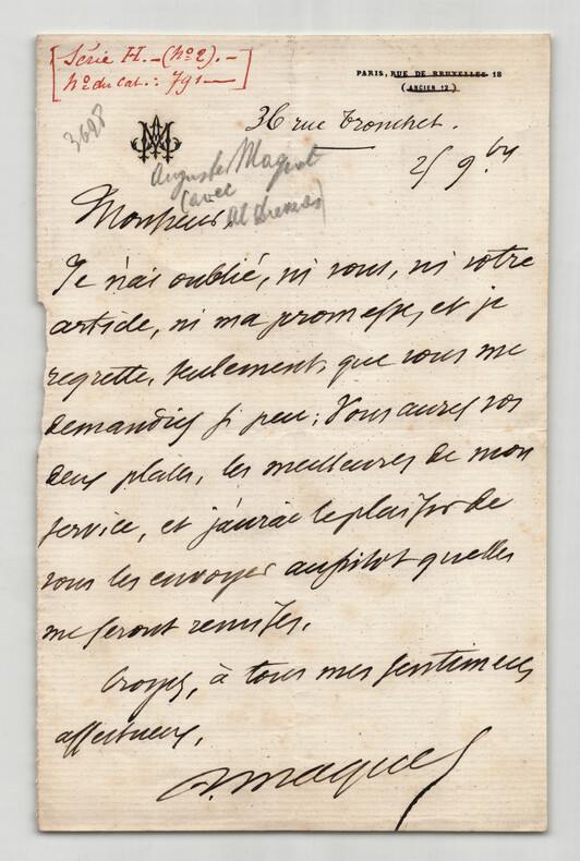Lettre autographe sign&eacute;e Auguste Maquet – Dumas – Rue de Bruxelles. Auguste MAQUET