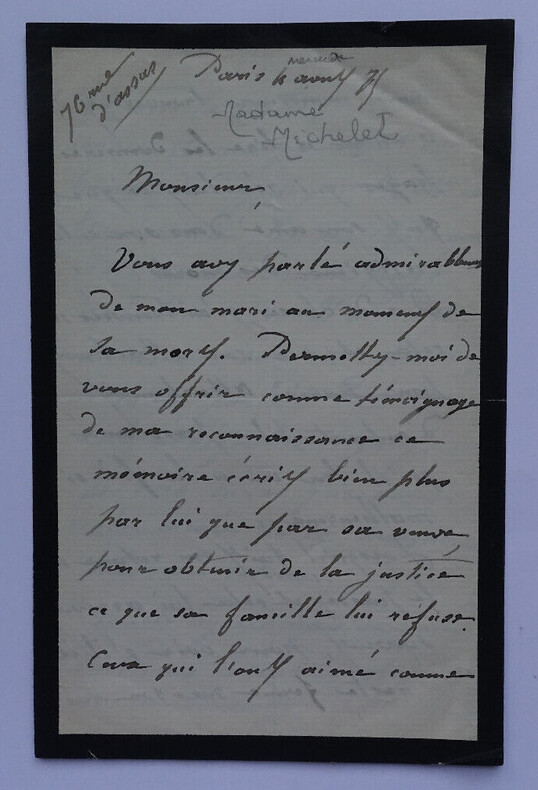 Ath&eacute;na&iuml;s MICHELET n&eacute;e MIALARET,LETTRE AUTOGRAPHE SIGN&Eacute;E, mort de Jules MICHELET. Ath&eacute;na&iuml;s MICHELET
