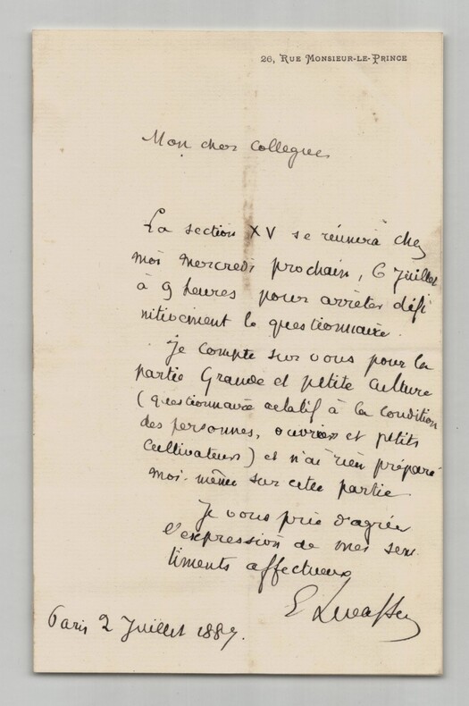 Pierre &Eacute;mile Levasseur - Lettre autographe sign&eacute;e - questionnaire - 1887. Pierre &Eacute;mile LEVASSEUR