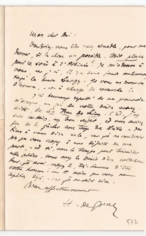 Henry de Gorsse -  - lettre autographe sign&eacute;e 1 page. Henry de GORSSE