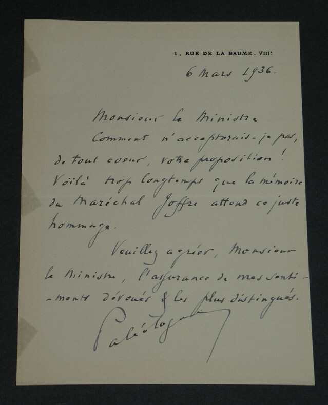 Maurice PAL&Eacute;OLOGUE - LETTRE AUTOGRAPHE SIGN&Eacute;E Monument au Mar&eacute;chal JOFFRE - 1936. Maurice PAL&Eacute;OLOGUE