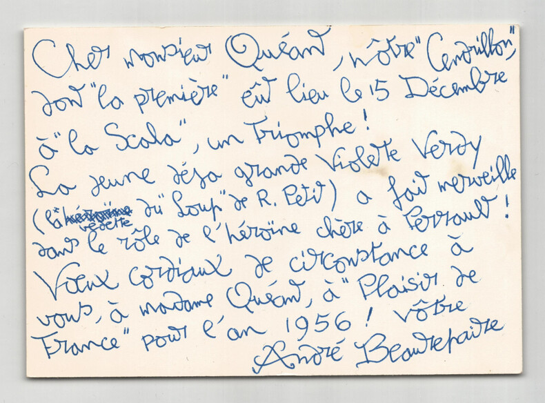 Andr&eacute; Beaurepaire - Carte postale autographe sign&eacute;e &agrave; Olivier Qu&eacute;ant - 1956. Andr&eacute; BEAUREPAIRE