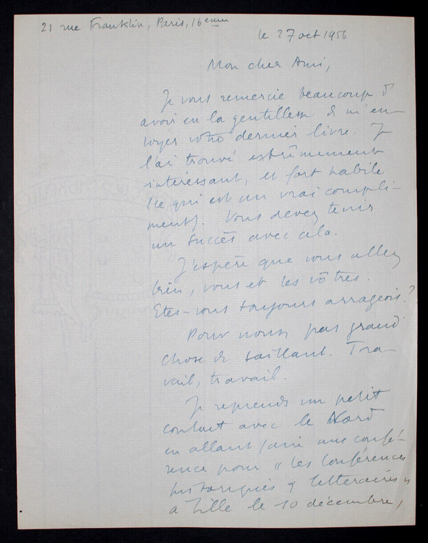 Pierre NORD, Militaire - LETTRE AUTOGRAPHE SIGN&Eacute;E, 1956. Pierre NORD