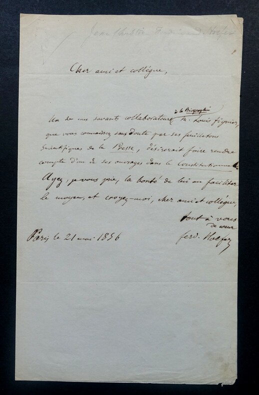 HOEFER Ferdinand - LETTRE AUTOGRAPHE SIGN&Eacute;E, A PROPOS DE Louis FIGUIER 1856. Ferdinand HOEFER