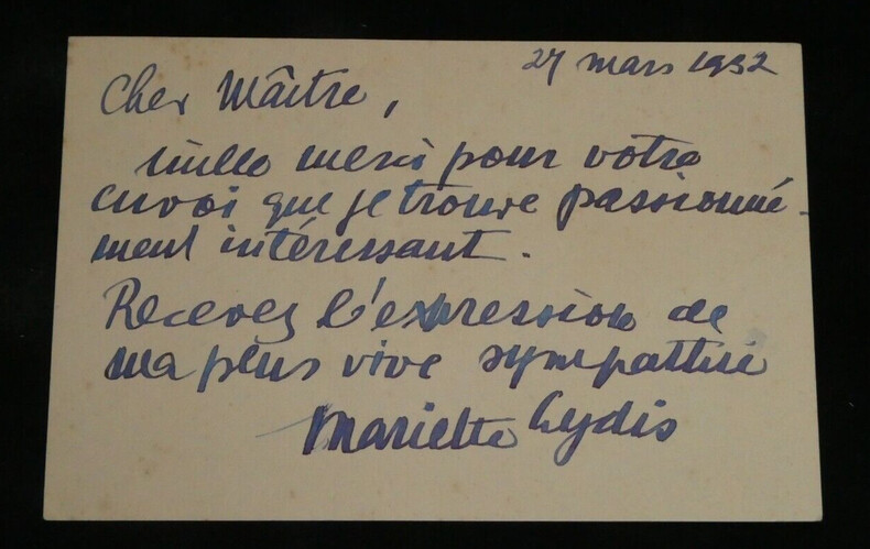 Mariette LYDIS , Peintre -  CARTE LETTRE AUTOGRAPHE SIGN&Eacute;E &Agrave; [L&eacute;on DAUDET] 1932. Mariette LYDIS