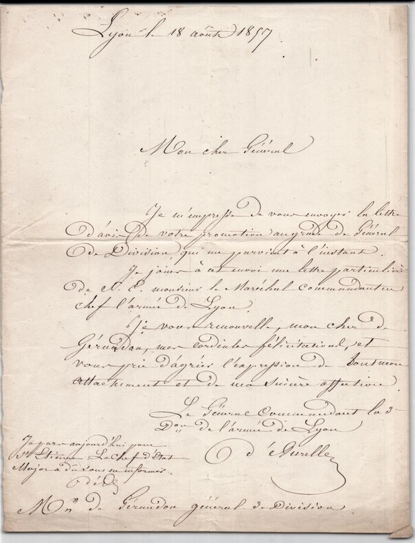 Louis d'AURELLE DE PALADINES Lettre autographe sign&eacute;e 1857 au G&eacute;n&eacute;ral Division. Louis d'AURELLE DE PALADINES