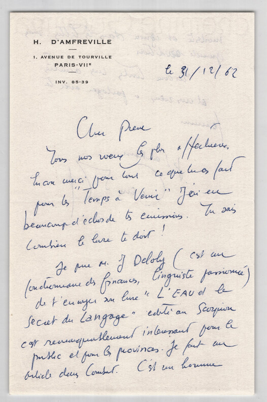 Henri d' Amfreville - Po&egrave;te - Lettre autographe sign&eacute;e, Paris le 31/12/1962. Henri d'Amfreville