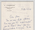 Henri d' Amfreville - Po&egrave;te - Lettre autographe sign&eacute;e, Paris le 31/12/1962. Henri d'Amfreville