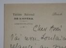 PINCHON Joseph - LETTRE AUTOGRAPHE SIGN&Eacute;E, TH&Eacute;&Acirc;TRE NATIONAL OP&Eacute;RA, &Agrave; Louis ROBIN. Joseph PINCHON