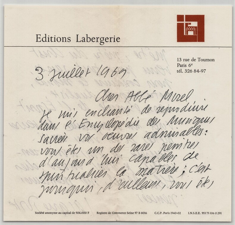 Jacques Porte - Lettre autographe sign&eacute;e &agrave; l'Abb&eacute; Morel "Œuvres admirables" 1969. Jacques PORTE