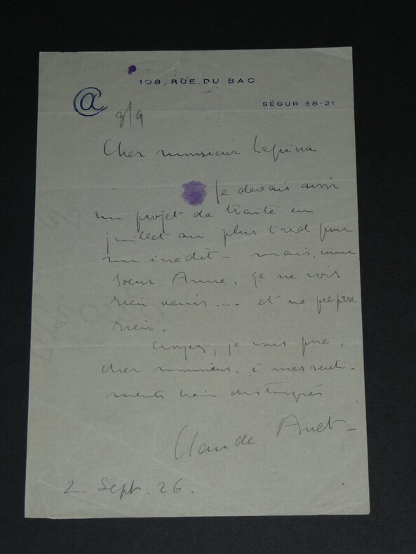 Claude ANET LETTRE AUTOGRAPHE SIGN&Eacute;E &Agrave; M LAPINA, Rue du bac, Comme Soeur Anne.... Claude ANET