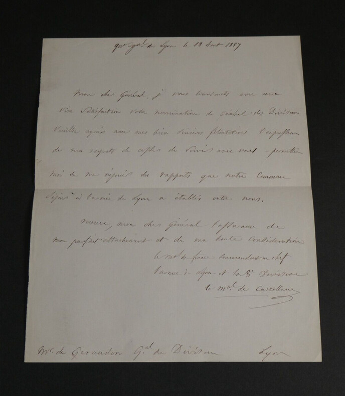 Boniface de Castellane - LETTRE AUTOGRAPHE SIGN&Eacute;E AU G&eacute;n&eacute;ral de Geraudon, 1857. Boniface de Castellane