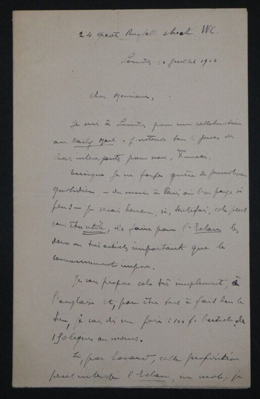 Henri de NOUSSANNE, Journaliste - LETTRE AUTOGRAPHE SIGN&Eacute;E, Londres, 1902. Henri de NOUSSANNE
