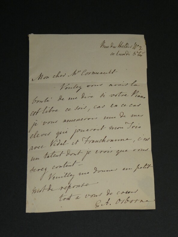 George Alexander Osborne - LETTRE AUTOGRAPHE SIGN&Eacute;E piano  Vidal et Franchomme. George Alexander OSBORNE