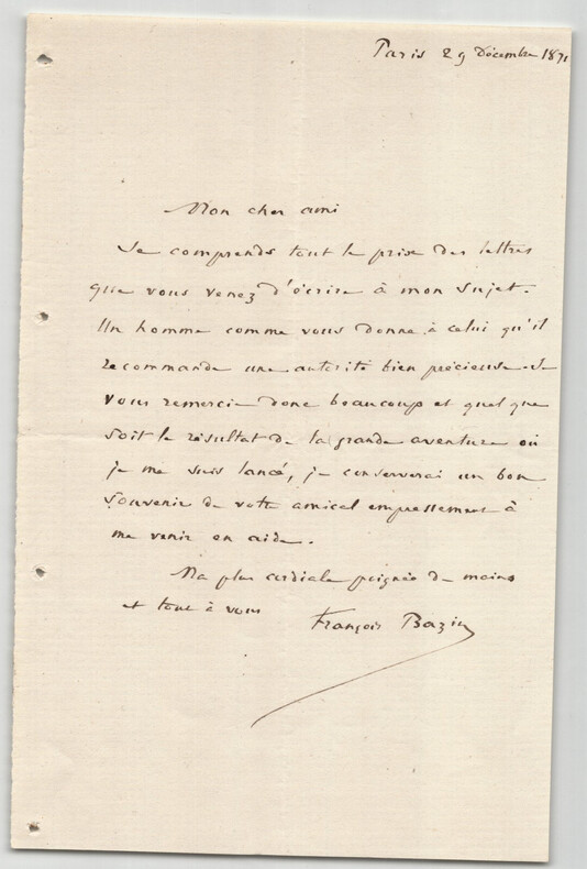 Fran&ccedil;ois Bazin , compositeur - Lettre autographe sign&eacute;e de remerciements - 1871. Fran&ccedil;ois BAZIN