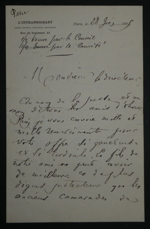 Henri ROCHEFORT - LETTRE AUTOGRAPHE SIGN&Eacute;E DE REMERCIEMENTS AU DIRECTEUR, 1888. Henri ROCHEFORT