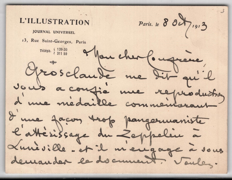 Ren&eacute; BASCHET - Carton  autographe sign&eacute;, L'Illustration, 1913, Zeppelin. Ren&eacute; BASCHET