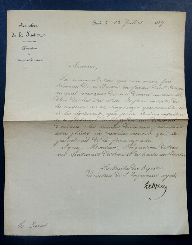LEBRUN Pierre-Antoine - LETTRE SIGN&Eacute;E, R&Eacute;DIG&Eacute;E PAR M. CUVIER, PARIS 1837. Pierre-Antoine LEBRUN