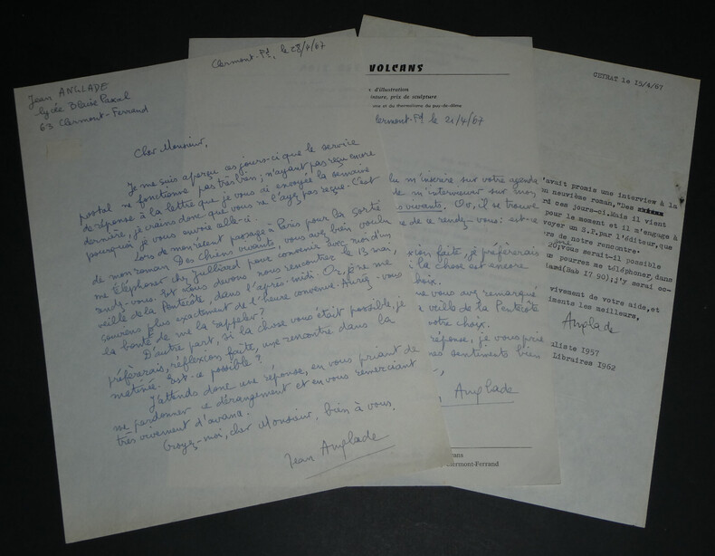 Jean Anglade - Lot de 3 lettres : autographes et dactylographi&eacute;e sign&eacute;es - 1967. Jean ANGLADE