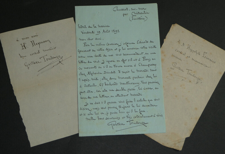 Gustave TOUDOUZE -TROIS LETTRES AUTOGRAPHES SIGN&Eacute;ES- Al. DAUDET, Ed. de GONCOURT. Gustave TOUDOUZE