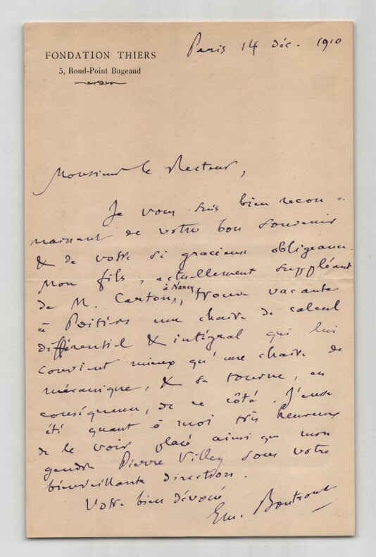 &Eacute;mile Boutroux - Philosophe - Lettre autographe sign&eacute;e au Recteur - 1910. &Eacute;mile BOUTROUX