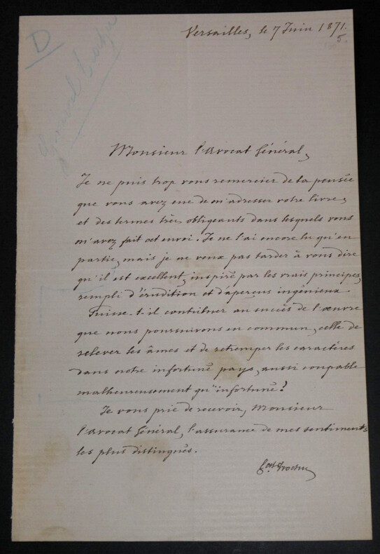 Louis Jules TROCHU, Homme d'&Eacute;tat - LETTRE AUTOGRAPHE SIGN&Eacute;E 1871 VERSAILLES. Louis Jules TROCHU