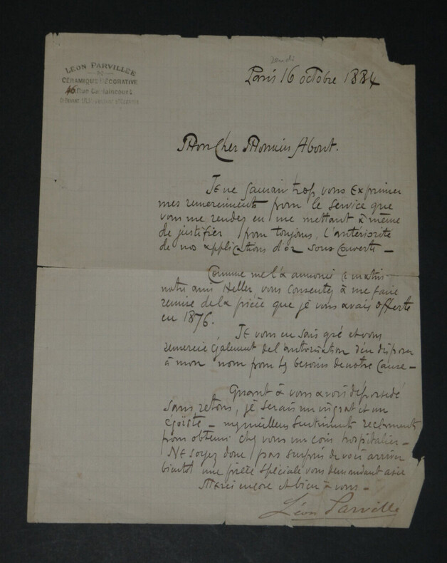 L&eacute;on Parvill&eacute;e - Lettre autographe sign&eacute;e - C&eacute;ramique d&eacute;corative - 1884. L&eacute;on PARVILL&Eacute;E