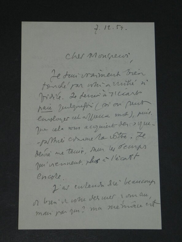Henry de Montherlant - Lettre autographe sign&eacute;e marque de sympathie - 1954. Henry de MONTHERLANT