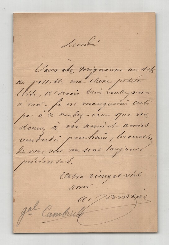 G&eacute;n&eacute;ral Albert Cambriels - Lettre autographe sign&eacute;e - "Vous &ecirc;tes mignonne". Albert CAMBRIELS