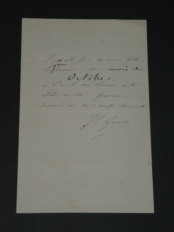Jean-L&eacute;on G&Eacute;R&Ocirc;ME - NOTE AUTOGRAPHE SIGN&Eacute;E &Agrave; Mr LAMBERT - &Eacute;cole des Beaux Arts. Jean-L&eacute;on G&Eacute;R&Ocirc;ME