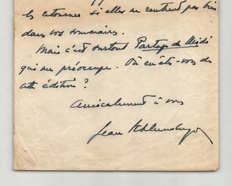 Jean Schlumberger - Lettre autographe sign&eacute;e &agrave; Thierry Maulnier - 1947. Jean SCHLUMBERGER