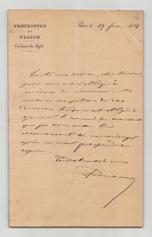 Louis Andrieux - Lettre autographe sign&eacute;e - Pr&eacute;fecture de Police - 1881. Louis ANDRIEUX