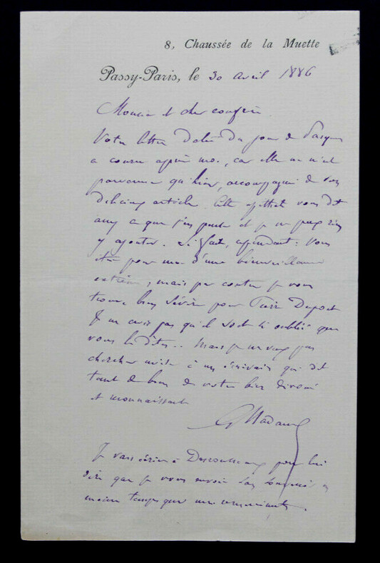 Gustave NADAUD - LETTRE AUTOGRAPHE SIGNEE, Passy-Paris, 1886. Gustave NADAUD
