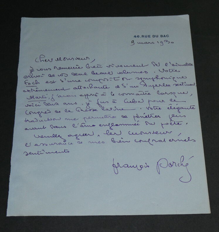 Fran&ccedil;ois Porch&eacute; - Lettre autographe sign&eacute;e &agrave; A. Godoy - Foch - 1930. Fran&ccedil;ois PORCH&Eacute;