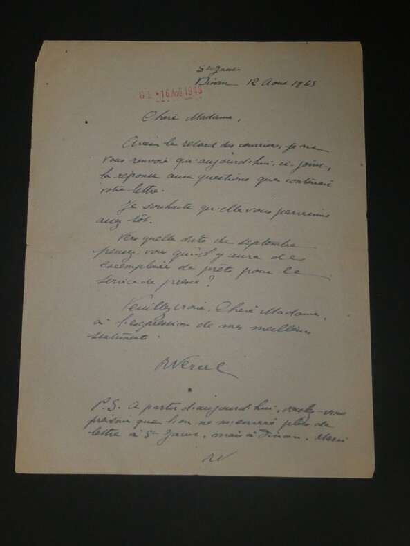 Roger VERCEL - LETTRE AUTOGRAPHE SIGN&Eacute;E, exemplaire pour la presse , 1943. Roger VERCEL