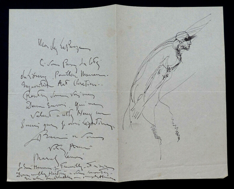 Marcel LENOIR - LETTRE AUTOGRAPHE SIGN&Eacute;E AVEC DESSIN ORIGINAL &Agrave; Henry LAPAUZE. Marcel LENOIR