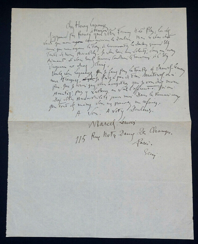 Marcel LENOIR - LETTRE DE CONDOL&Eacute;ANCES AUTOGRAPHE SIGN&Eacute;E &Agrave; Henry LAPAUZE, Paris. Marcel LENOIR
